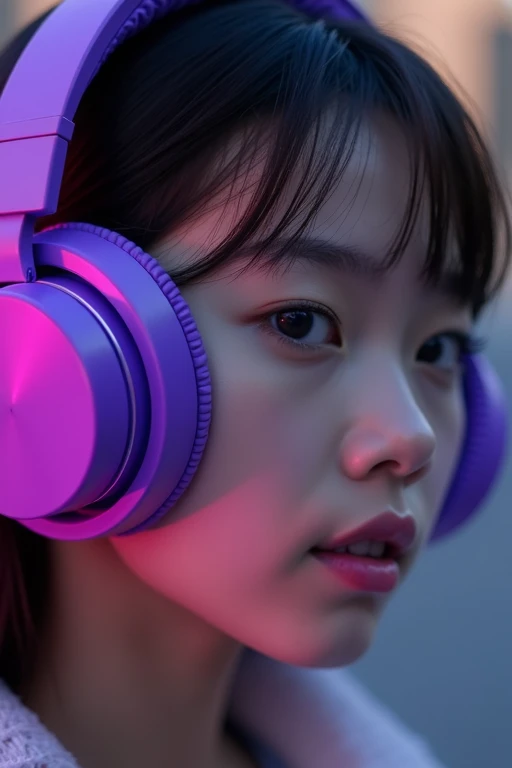 Close-up of a pair of purple-colored headphones on a girl's head, front view from a slight angle to the right and above, ƒ/5.0, headphones,