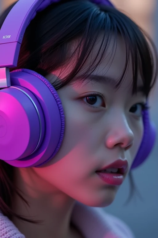Close-up of a pair of purple-colored headphones on a girl's head, front view from a slight angle to the right and above, ƒ/5.0, headphones,