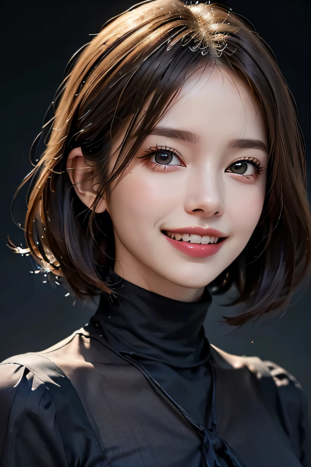 ((masterpiece)), ((Highest quality)), ((Complex)), ((Surreal)), (Realistic), (Mature Woman), ((No classes)), Very detailed, (1 female), Beautiful and exquisite, (Beautiful Teeth), Grin, Brunette bob hair, Brown eyes, ((Blue turtleneck)), (Upper Body), (background:none), Perfect Eyes, Captivating eyes, Looking at the audience