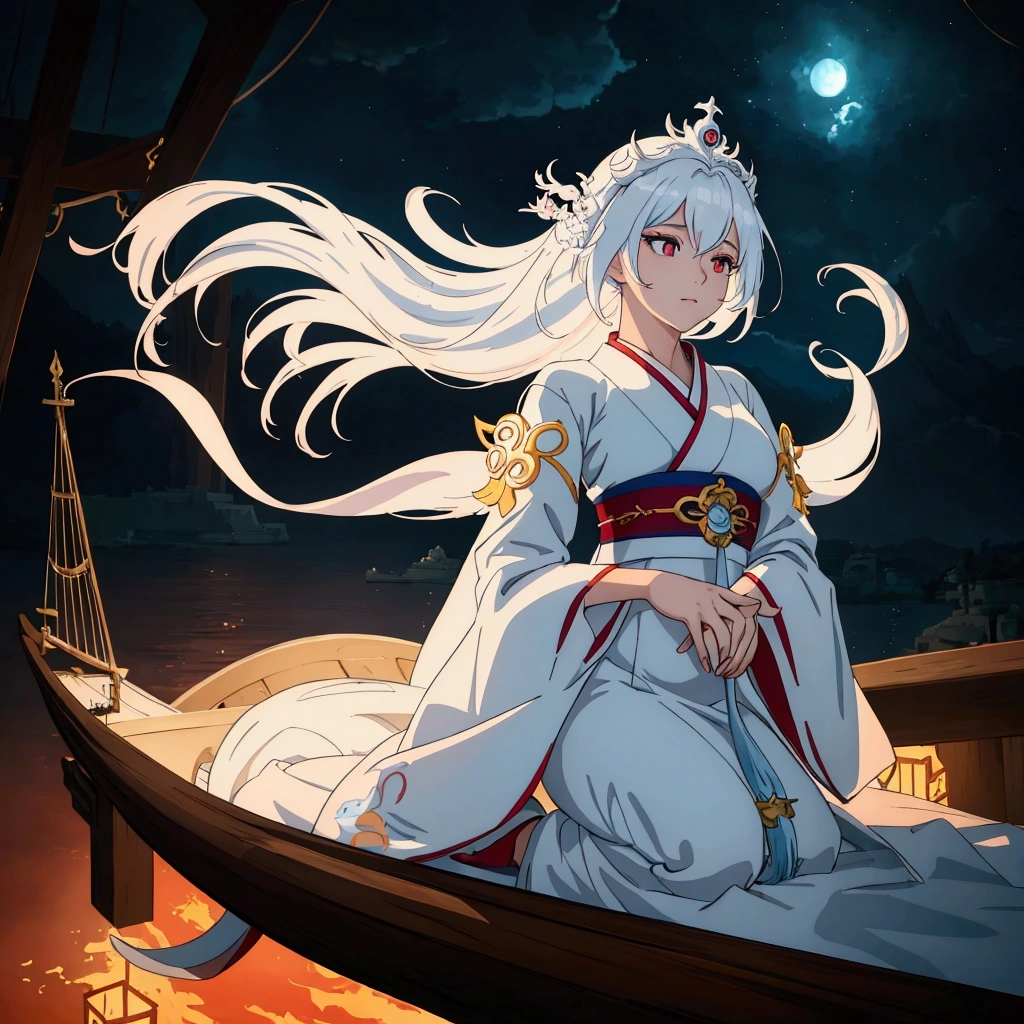 Woman in white dress sitting on boat on lake, Beautiful character painting, White-haired deity, Beautiful digital artwork, Fantasy art style, author：Yang J, palace ， Girl wearing Hanfu, Ross Tran 8k, Beautiful digital illustrations, Ross Chen (ross tran) style of, Popular on cgstation, A stunning young ethereal figure, wlop 和 ross tran