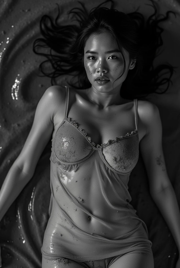 Asian girl, dirty transparent dress, She is lying on her back in the wet mud, Dark, your body is dirty, mud on his face, monochrome, black and white photography, mud on his body, low light, Ultra high resolution photos, eye contact, pose sexy,