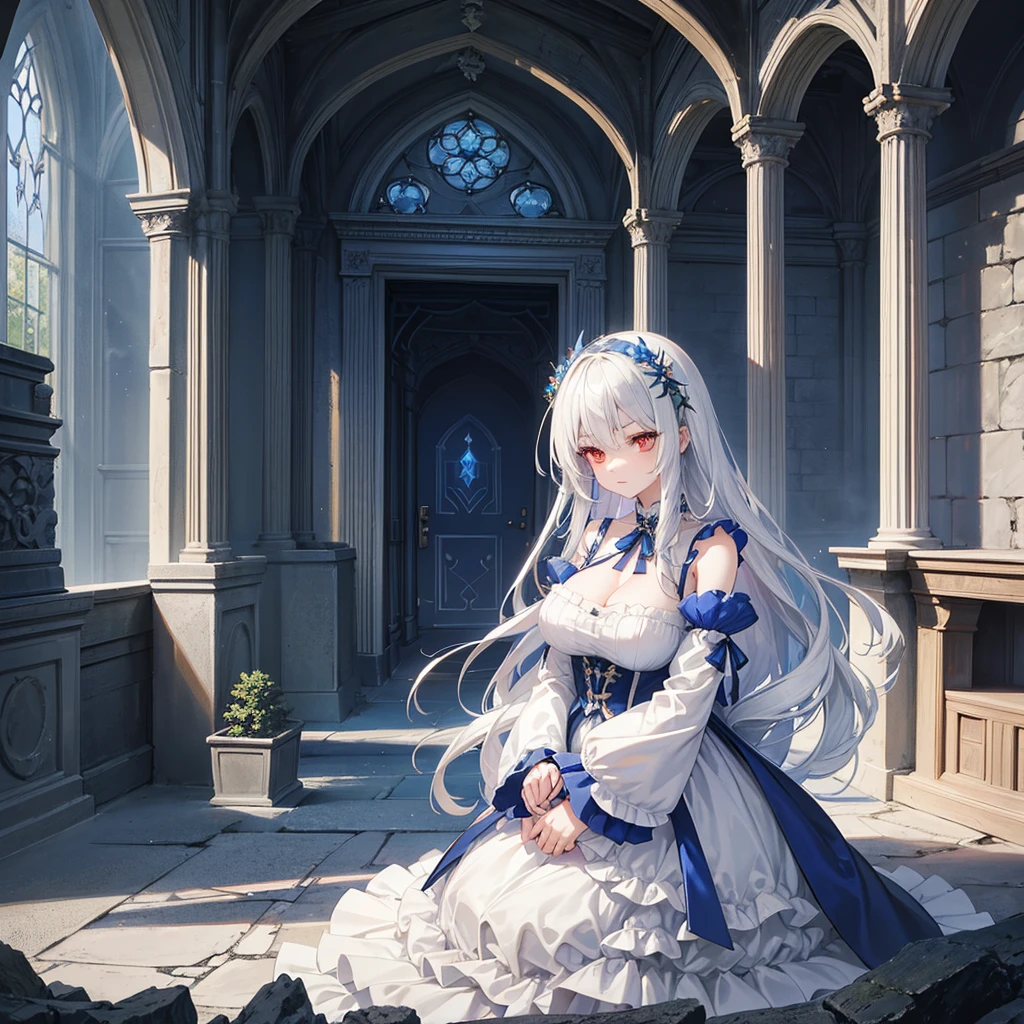 Ruined castle garden, masterpiece, Highest quality, one tall adult woman, Straight silver hair, Hair length to the waist, sharp eyebrows , Narrow red eyes, huge , White skin, Blue hair ornament, Expressionless, Ultramarine Semi-Formal Dress, Ultramarine Sleeve,