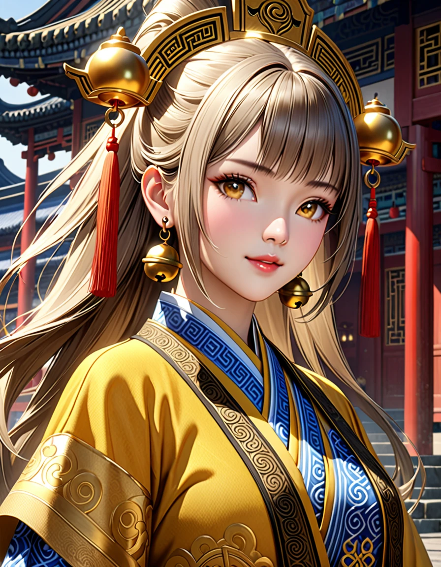 masterpiece, 最high quality, high quality, High resolution, high qualityのテクスチャ, high qualityの影, Attention to detail, Beautiful details, In detail, Highly detailed CGI, Detailed Texture, Realistic facial expression, Beautiful Girl Spirit Taoist、Yellow Taoist Clothing、Bagua pattern(black)、symbol、Spell、bell