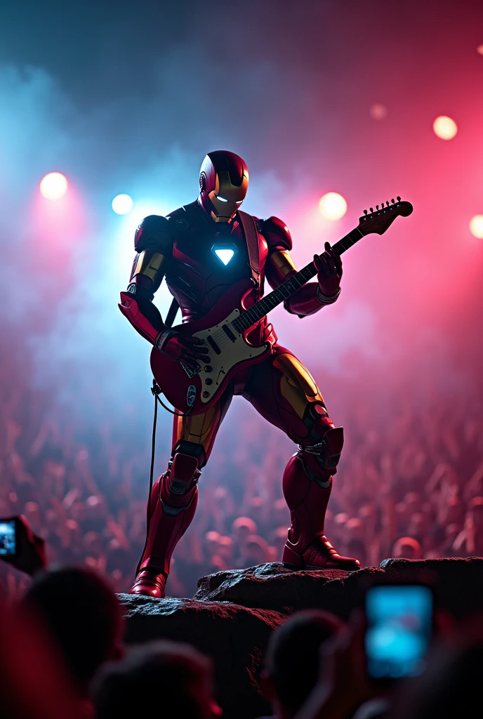A series of dynamic concert shots of Ironman playing an electric guitar on a rock stage, surrounded by dramatic lighting effects, with a crowd cheering in the background, various camera angles including low angle full body shot, high angle medium shot, and dutch angle close-up, during a night performance with vibrant stage lights, shot with a Sony A7R IV, 50mm f/1.4 lens, vivid colors