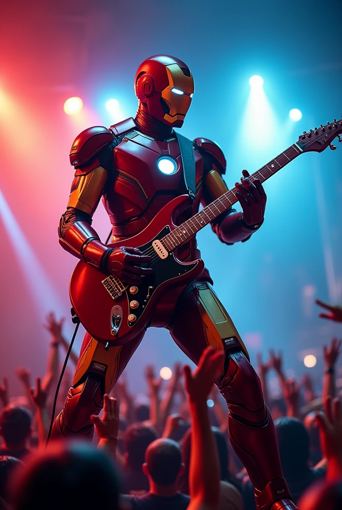 A series of dynamic concert shots of Ironman playing an electric guitar on a rock stage, surrounded by dramatic lighting effects, with a crowd cheering in the background, various camera angles including low angle full body shot, high angle medium shot, and dutch angle close-up, during a night performance with vibrant stage lights, shot with a Sony A7R IV, 50mm f/1.4 lens, vivid colors