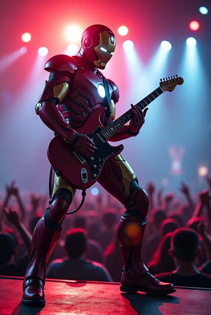 A series of dynamic concert shots of Ironman playing an electric guitar on a rock stage, surrounded by dramatic lighting effects, with a crowd cheering in the background, various camera angles including low angle full body shot, high angle medium shot, and dutch angle close-up, during a night performance with vibrant stage lights, shot with a Sony A7R IV, 50mm f/1.4 lens, vivid colors