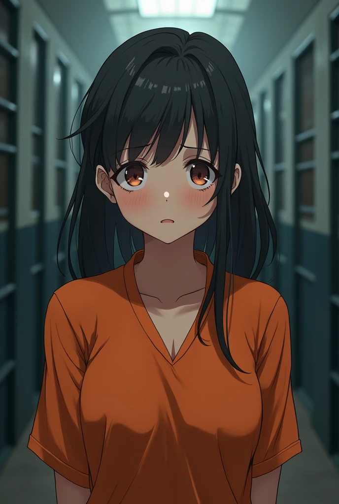Female anime prisoner wearing orange jumpsuit