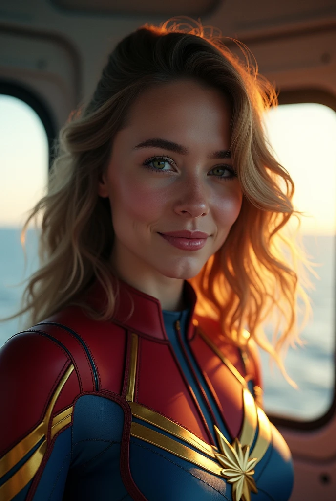 Cinematic ?? k portrait image, Carol Danvers, captain marvel, A girl inside speceship - from an alien space ship - ocean scene over a deserted area, glass windows, smile, in the style of vray tracing, golden light, carl zeiss distagon t* 15mm f/2.8 ze, plein air landscapes, cold and detached atmosphere, lively landscapes,high resolution , dark void background, front view, big brests, black hair