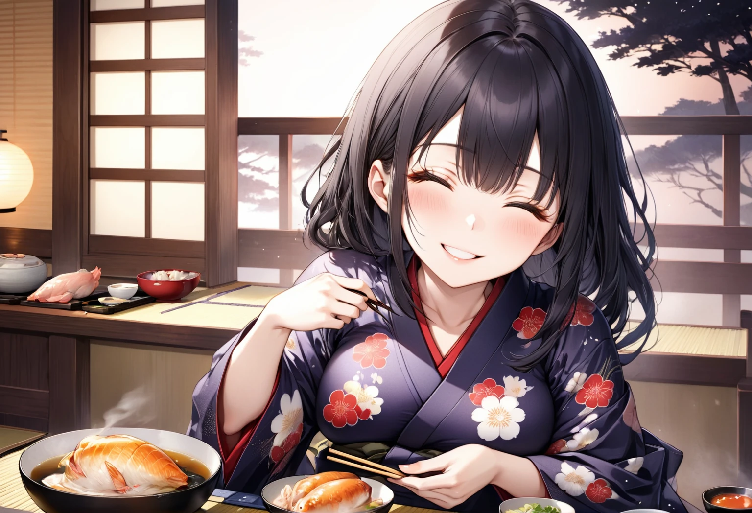 (eating style), (solo:2, 18 yo), (beautiful detailed straight Hair) (beautiful detailed black hair long hair), (immensely beautiful cool girl) (beautiful sexy closed eyes) (sexy grin smile) (glossy lip) (big tits), in a yukata, break, Sit upright, hand holding a Chopsticks, Eating steamed chicken, with puffed cheeks, in the night Japanese-style guest rooms at a ryokan, big Steamed chicken and Japanese cuisine lined up on the japanese table, BREAK, perfect anatomy, masterpiece, best quality, 16k, beautiful detailed night, daydreaming expression.