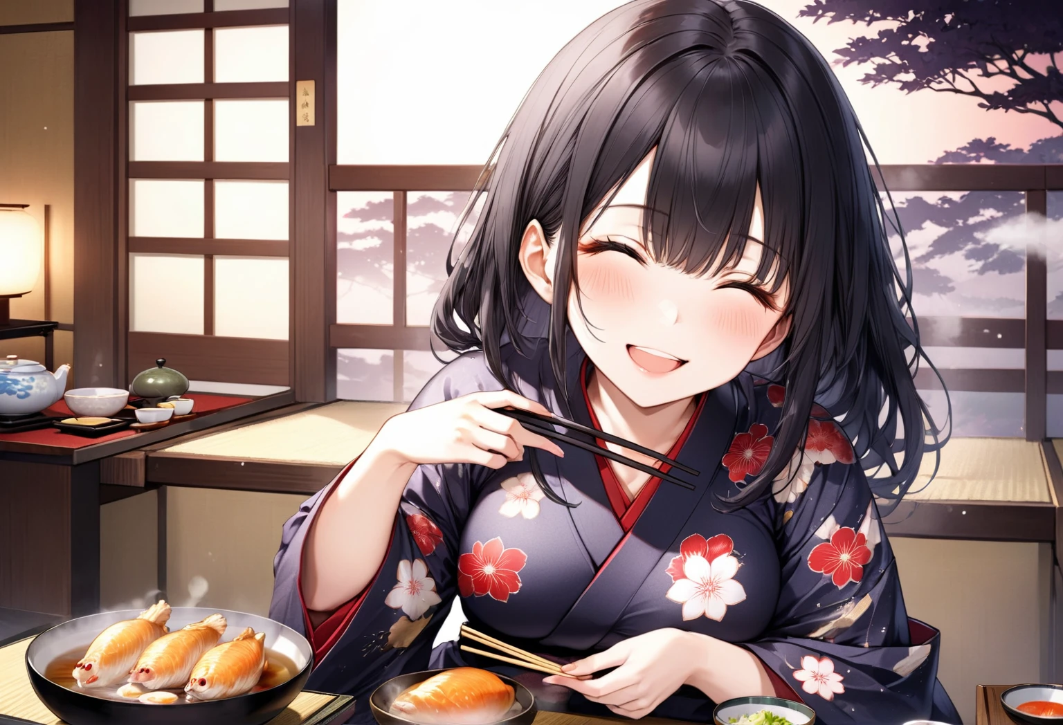 (eating style), (solo:2, 18 yo), (beautiful detailed straight Hair) (beautiful detailed black hair long hair), (immensely beautiful cool girl) (beautiful sexy closed eyes) (sexy grin smile) (glossy lip) (big tits), in a yukata, break, Sit upright, hand holding a Chopsticks, Eating steamed chicken, with puffed cheeks, in the night Japanese-style guest rooms at a ryokan, big Steamed chicken and Japanese cuisine lined up on the japanese table, BREAK, perfect anatomy, masterpiece, best quality, 16k, beautiful detailed night, daydreaming expression.