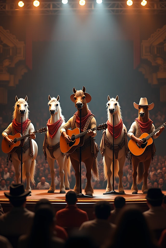 (photorealism:1.2), Photo of five members of a musical group, where instead of people there are horses, cowboy clothing, the place that is a stage full of spectators. 