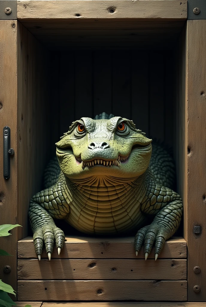 crocodile in a real wooden box