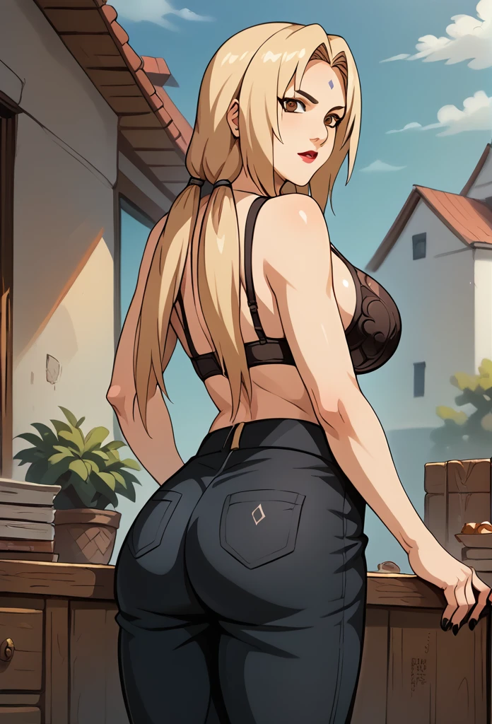 score_9, score_8_up, score_7_up, BREAK, score_9, ChopioTsunade, blonde hair, long hair, low twintails,large breasts,hair tie, brown eyes, forehead mark, red lipstick, mature female, large breasts, black nails, outfit , bra red, collarbone, leggig pants black,  solo, 1girl, looking at viewer, cowboy shot, ass, from behind, at home 