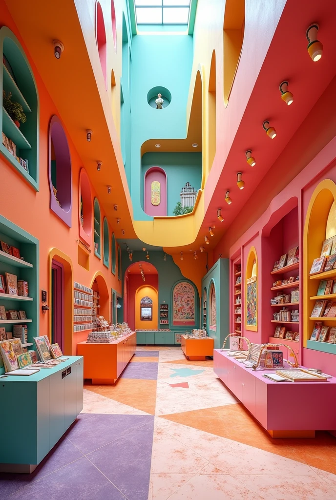 create a colorful stationery store in the form of architecture and interior design