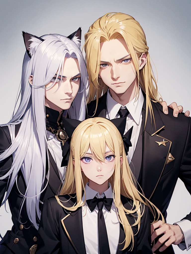 Hair yellow, Anime style image of a man with long blonde hair wearing a black suit and white shirt, purple eye, a character portrait inspired by Yamagata Hiro, pixiv, what is?, pat pat anime, delicate androgynous prince, black skin, cat ears, black skin, black face, guapo drow, beautiful androgynous prince, Johan Liebert mixed with Alucard, handsome boy with eye patch, handsome anime man, kiss me, kiss, excited