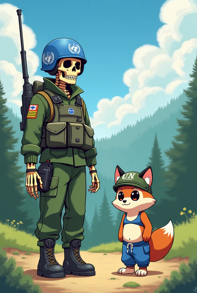 Brazilian skeleton soldier with UN helmet, with the company of a furry fox in a bra and sweatpants with a UN helmet on a peace mission in Russia in a cute sexy anime drawing.