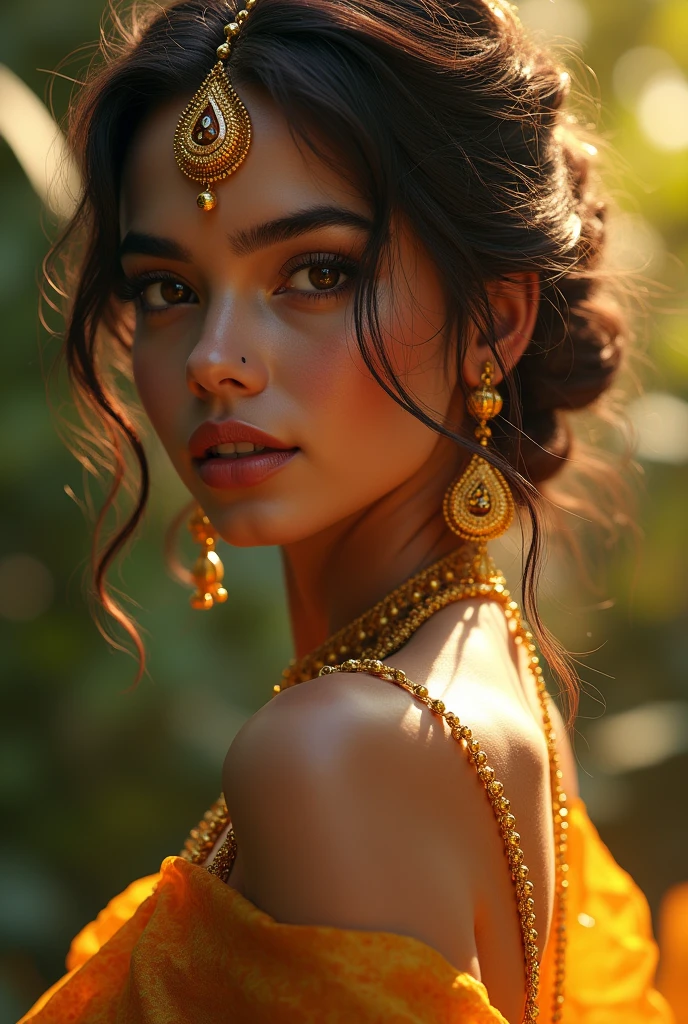 ((NSFW erotic nude Masterpiece)), ((extra wide, long ways, wallpaper)),, absurdres, ((highest quality, best quality)), ((intense attention to detail, hyper realistic, intricate details)), beautiful alluring young female, entrancing, enticing, Cinematic, Hyper-detailed, insane details, Beautifully color graded, Unreal Engine, DOF, Super-Resolution, Megapixel, Cinematic Lightning, Anti-Aliasing, FKAA, TXAA, RTX, SSAO, Post Processing, Post Production, Tone Mapping, CGI, VFX, SFX, Insanely detailed and intricate, Hyper maximalist, Hyper realistic, Volumetric, Photorealistic, ultra photoreal, ultra- detailed, intricate details, 8K, Super detailed, Full color, Volumetric lightning, HDR, Realistic, Unreal Engine, 16K, Sharp focus --v 5, A mesmerizing and ethereal young erotic nude goddess adorned with intricate golden jewelry and precious tones shimmering with a hypnotic glow. Her eyes, filled with ancient wisdom, sparkle like stars in the night sky. Sunlight gently illuminates her flawless, porcelain skin, giving her an otherworldly radiance. She emanates an aura of both power and serenity, captivating all who gaze upon her. Digital art, hyper-realistic rendering, extra wide wallpaper, highest quality,dota2,niji style Indian girl ((Indian woman))