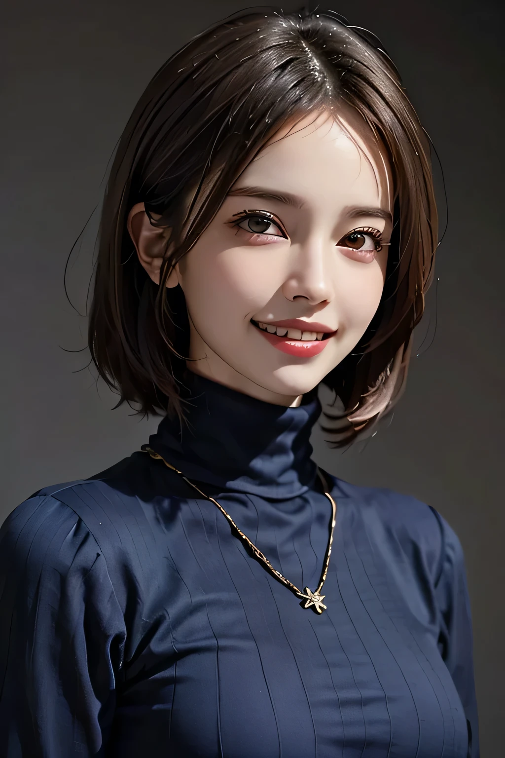 ((masterpiece)), ((Highest quality)), ((Complex)), ((Surreal)), (Realistic), (Mature Woman), ((No classes)), Very detailed, (1 female), Beautiful and exquisite, (Beautiful Teeth), Grin, Brunette bob hair, Brown eyes, ((Blue turtleneck)), (Upper Body), (background:none), Perfect Eyes, Captivating eyes, Looking at the audience