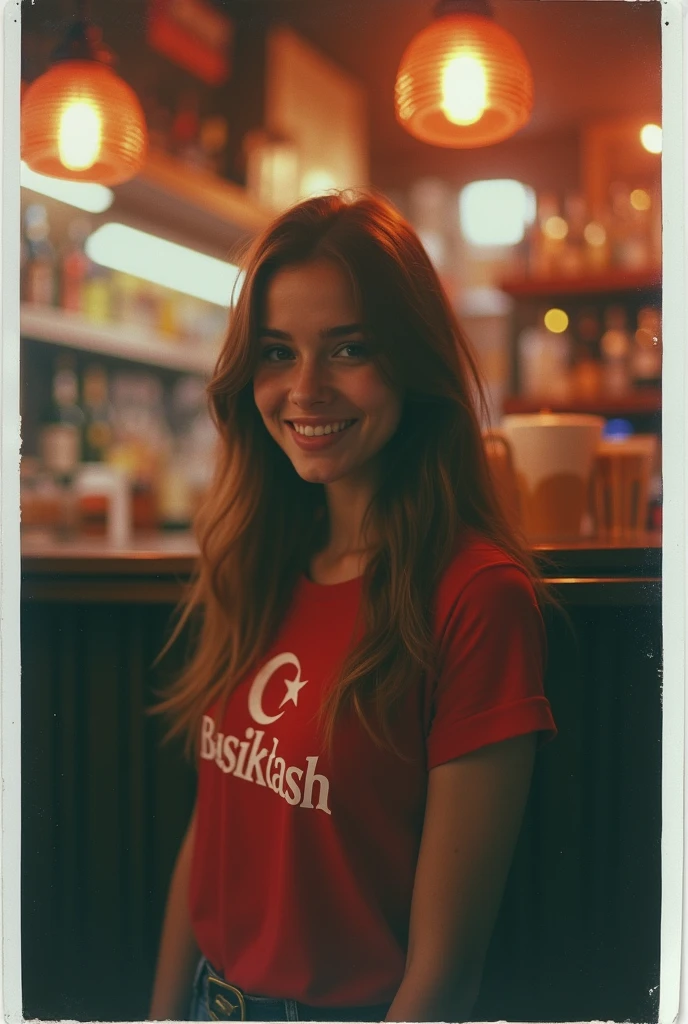 polaroid photo, night photo, smiling shyly, in bar, photo of (: 1,5) cute babyface slim Turkish woman, pale skin, Besiktas shirt and skirt, motion blur