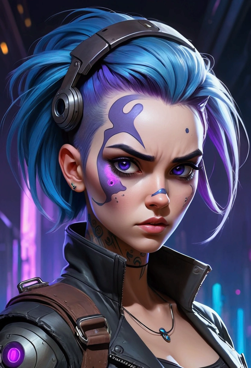 /imagine a drawing with lines and brush paintings, with watercolor touches, of a cyberpunk warrior, make a stylized drawing, in the style of illustrator Otto Schmidt, a caricatured and very well-crafted drawing, she wears leather clothes, blue neon details, blue hair, war paint on her face, wielding a large technological weapon, she appears from the side, she is turning her face looking back, she has a frightened expression, large, wide eyes, around her a desert of a dystopian, futuristic and chaotic world, dark and sober environment, two moons appear in the sky, the sky is dark and in purple tones, make mountains of an alien world,
