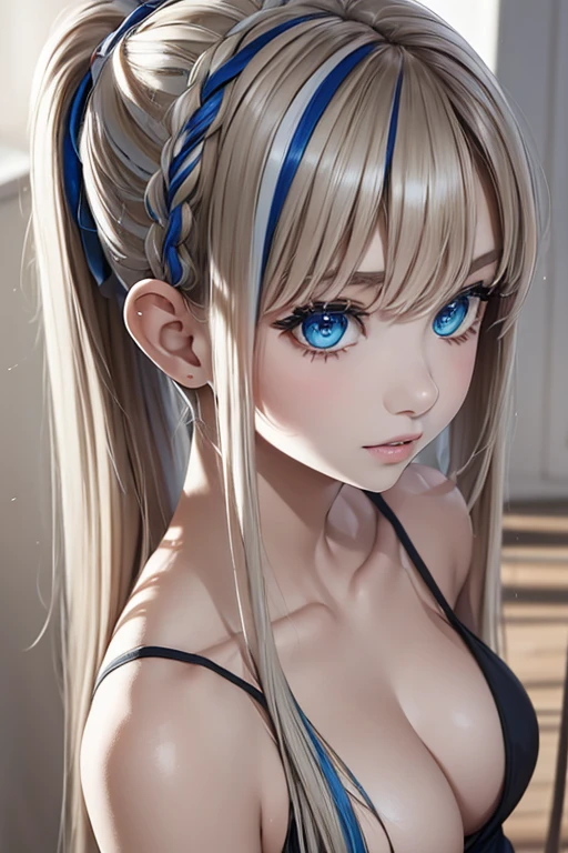 master piece,highres,4k.8k,Lifelike:1.5,Close-to-reality1.3,
full body,
Greige hair, ((highlights hair, Blue streaked hair:1.0)),
braided bangs,high ponytail,
turquoise blue eyes,	
glamorous,
mischievous,eighteen years old,
full body,full body,full body,
break,
arched back,