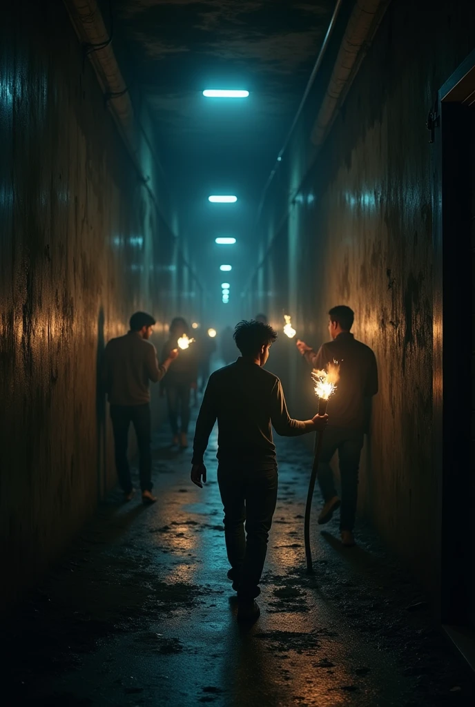 A 20-year-old smart and handsome boy from a middle-class family studying in a famous college of Delhi and his name is Vishal, he is wearing a shirt and pant. In the dark night he is searching for something in an old basement of the college with his friends, holding a torch. ,4k hd realistic