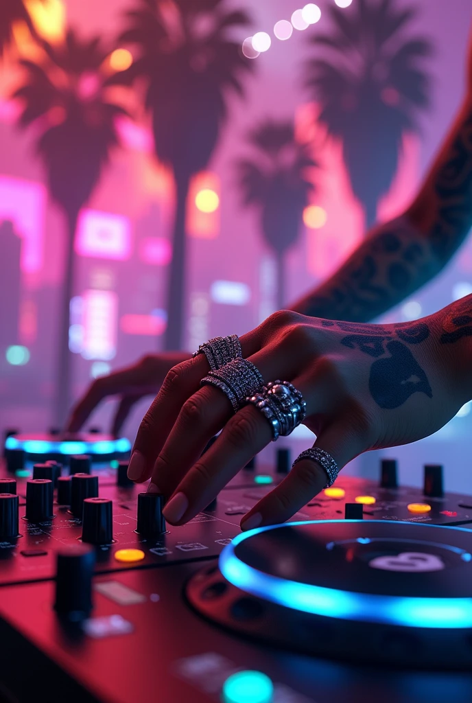 A metropolis with palm trees, with neon colors and animal print, You can see in close-up the hand of a dancer with tattoos and rings turning on a music system