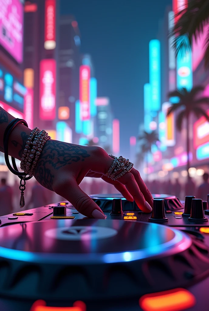 A metropolis with palm trees, with neon colors and animal print, You can see in close-up the hand of a dancer with tattoos and rings turning on a music system