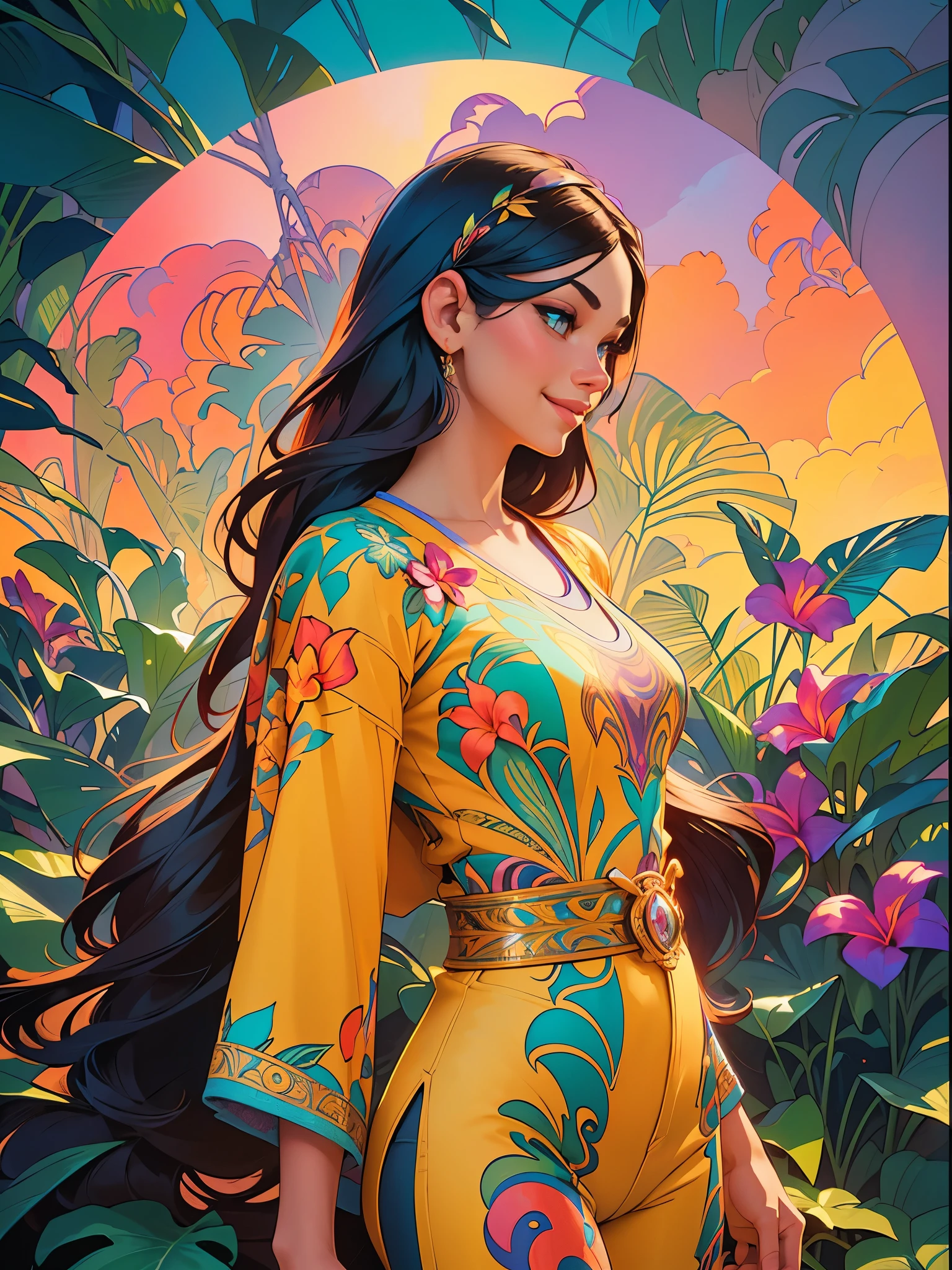 Vibrant art deco painting, upper body portrait. Thai woman wearing plumeria flower design t-shirt and jean shorts, smiling, surrounded by lush tropical foliage. Splash art, early 20th century art nouveau. Delicate, intricately detailed plumeria flowers in her hair, multicolored locks flowing. Soft, warm volumetric lighting and misty atmospheric effects, with golden hour glow. Dynamic, triadic colors, orange and teal prominent, deep blues and purples in background. High contrast, hyper detailed textures, 8k resolution, Adam Hughes meets Alphonse Mucha, glowing ambient occlusion, Unreal Engine 5, Art Deco, maximalist, cinematic, detailed, meticulously crafted, ornate, intricate, excessive detail.