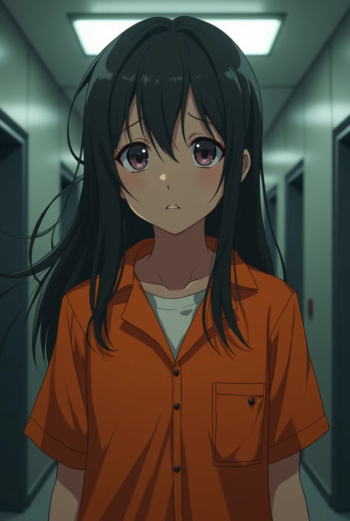 Female anime prisoner wearing orange jumpsuit