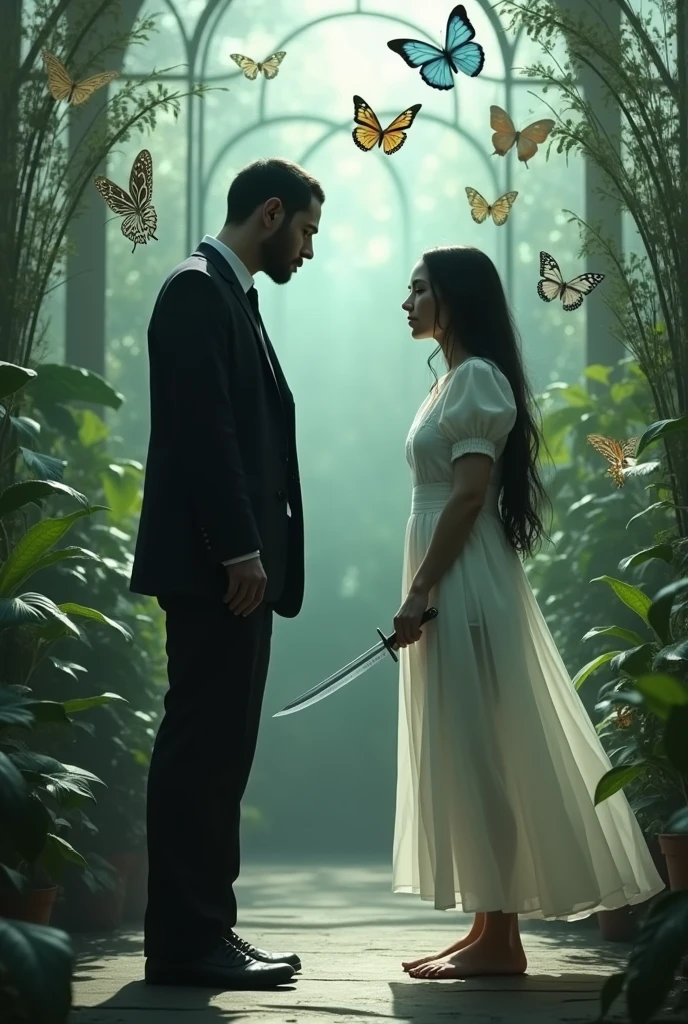 Create an image with two boys inside a butterfly house. The boy has a black suit, He has his face covered and is holding the door. The girl is wearing a white nightgown and butterflies are flying around her both. more realistic. The boy and the girl are adults and they are facing each other but they are separated and the boy is wearing a black suit covered from head to toe. More separated. The girl has a dagger in her hand. El chico es blanco y tiene tapada la cara More separated la chica con el cabello suelto. Let the girl grab the dagger. More separated. MORE BUTTERFLIES. THE GIRL IS WITHOUT SHOES AND THE BOY HAS HIS FACE COVERED WITH A. Hood the boy's suit more fitted to the body. The uniform is more fitted. MORE BUTTERFLIES. LET THEM BOTH LOOK AT EACH OTHER. LET GO OF YOUR HANDS. More separated Y SOLTARSE LA MANO. THE BOY'S SUIT IS ATTACHED TO THE BODY AND PUT ON SHOES. HE IS WHITE AND A HOOD COVERS HIS FACE
