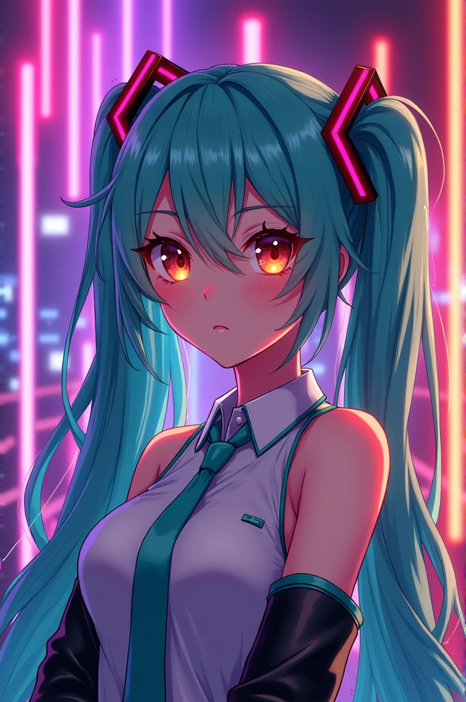 ((Hatsune Miku)), (heavy blushing), ((luminous design)), blue hair, pink eyes, seductive expression, (lewd), (ecchi), (cyberpunk), (punk), ((large breasts)), athletic, choker, rave, wristband, sexy, submissive, ((natural lighting)), (radiosity, ambient occlusion, anisotropic filtering), ((hdr rendering, vector, digital art)), upper body, neon bra, 