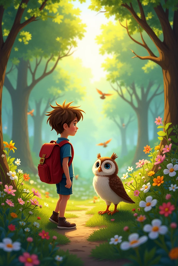 The forest flourishing with renewed energy, colorful flowers blooming, and animals happily playing. Sam,a young boy with messy brown hair and a red backpack, and Oliver the owl stand proudly amidst the beauty they’ve helped create.