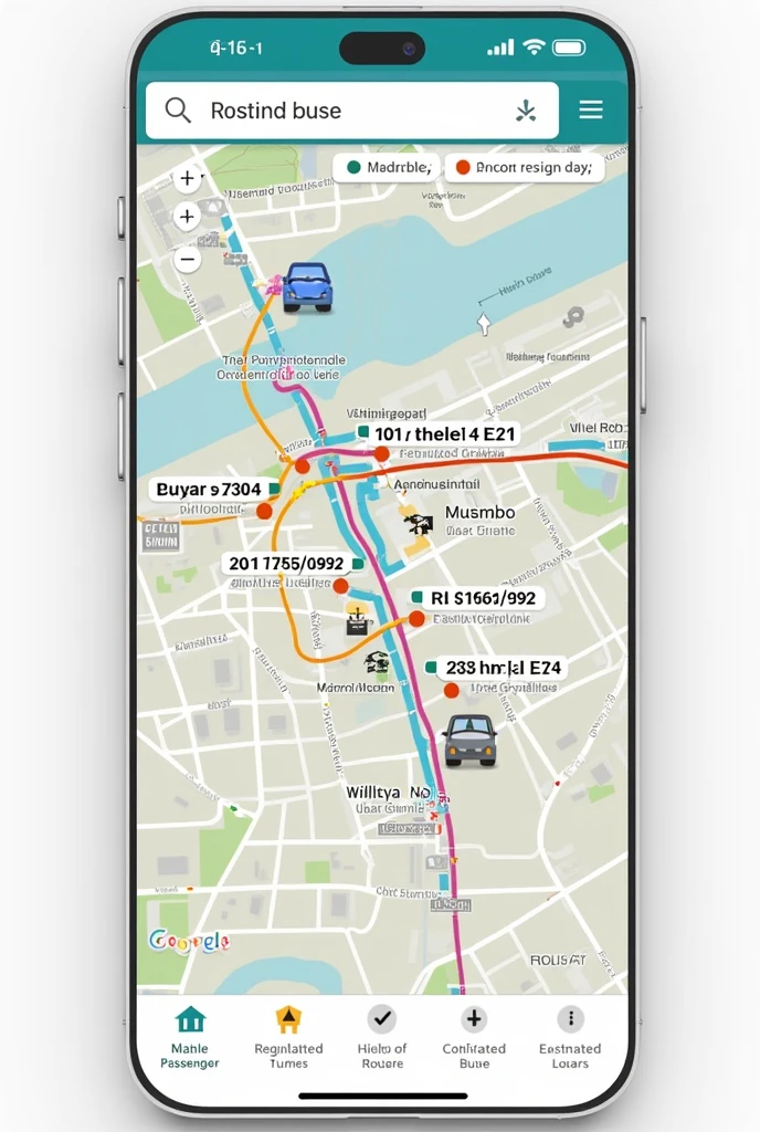 A map seen from a phone with several passenger buses indicating their routes , The map is like Google Maps