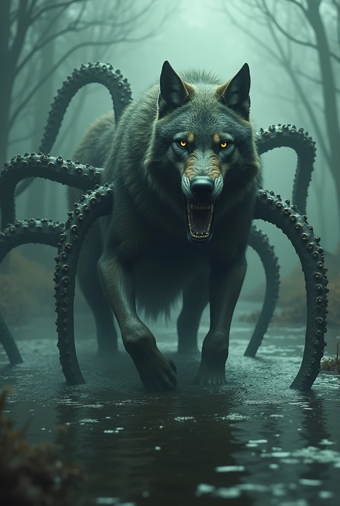 Wolf-Octopus fusion Hybrid": "A nightmarish creature with the muscular body and jaws of a wolf, but with multiple tentacles extending from its back, each ending in a set of suction cups, emerging from a murky swamp."" Ultra HD high resolution 4K