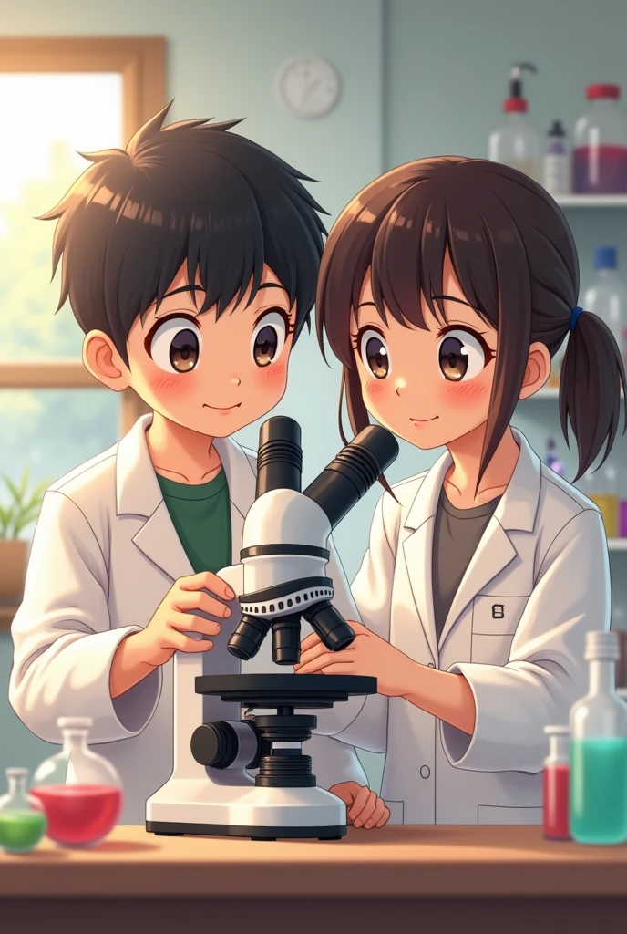 Give me a picture of a boy helping a girl using their microscope and wearing their lab coat cute picture  highschool students  make it look like teens make the hair of a boy like korean hair 2 by 2 they look like kids make it kinda older 20 yrs old not anime ,  make it look sweeter