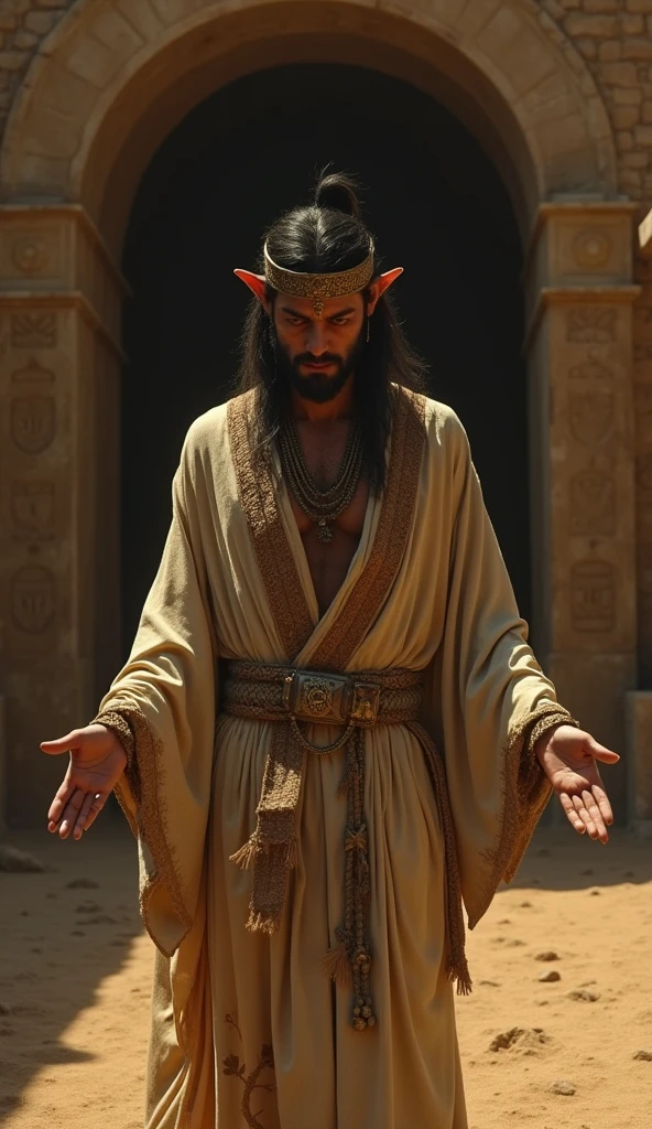 Create an ultra-realistic image of Dumuzi, the shepherd god and husband of Inanna, as he offers himself to descend into the underworld. Dumuzi should be depicted with a mixture of sorrow and resignation on his face, his strong yet gentle features reflecting the weight of his sacrifice. He wears traditional Sumerian attire, with simple but finely crafted robes and a headpiece symbolizing his connection to nature and fertility. His hands are extended, as if in surrender, with soft light illuminating his figure while shadows of the underworld begin to creep around him. Behind him, a golden sunset contrasts with the dark, foreboding entrance to the underworld, symbolizing the transition from life to death. The scene captures the emotional depth of his choice to take Inanna's place in the realm of the dead.