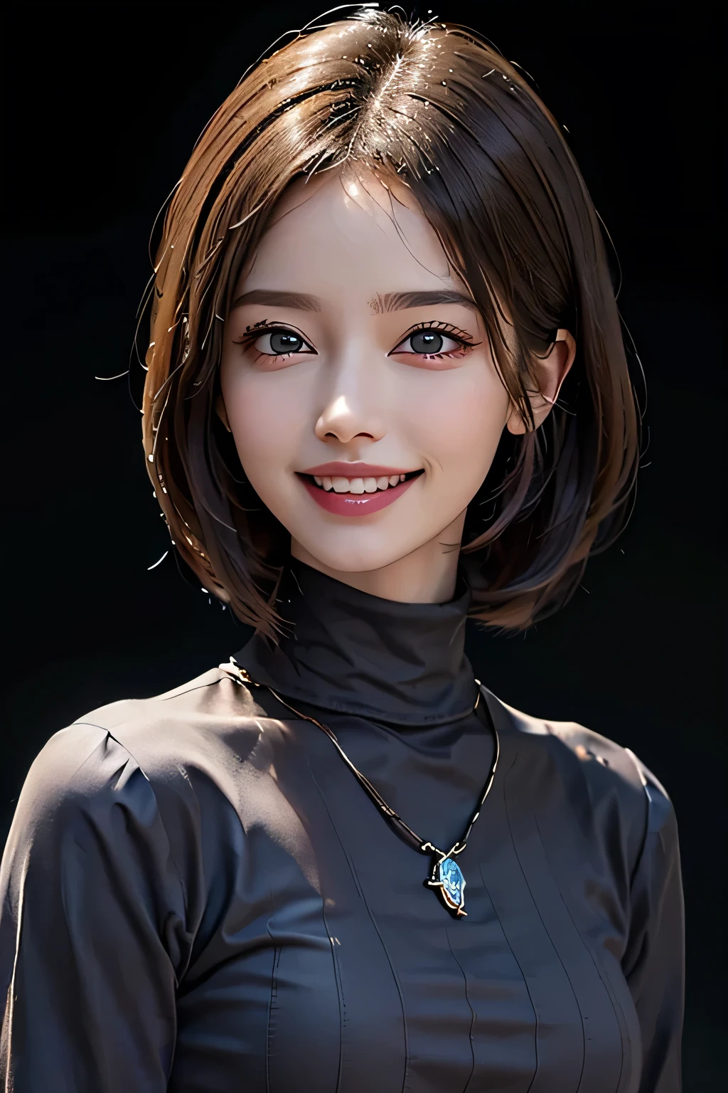 ((masterpiece)), ((Highest quality)), ((Complex)), ((Surreal)), (Realistic), (Mature Woman), ((No classes)), Very detailed, (1 female), Beautiful and exquisite, (Beautiful Teeth), Grin, Brunette bob hair, Brown eyes, ((Blue turtleneck)), (Upper Body), (background:none), Perfect Eyes, Captivating eyes, Looking at the audience