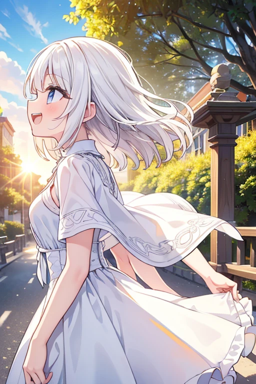 (masterpiece, Highest quality), (Actual Photos, Intricate details), (afternoon, sun, sunny) Road entrance, embrace the sun, the sun hits the body, eyes are slightly closed. (1 girl, Short, messy white hair, embracing the sun, Lift your chin and laugh, profile) Spread your arms,