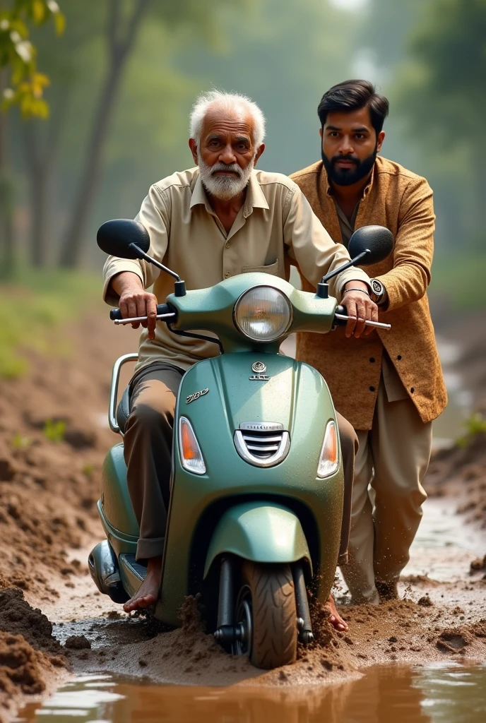 Ek uncle hai jinka scooter kichad mein fas Gaya hai unki madad help ek ladka Karta hai jiski shaadi hai usne apni shaadi ki sherwani pahani hai aur vah piche se dhakka de raha hai back image