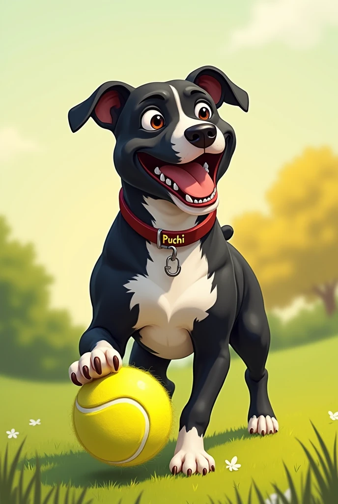 Create an illustration of my pet playing with a tennis ball. 
It is a black male with a white chest and legs.,  no spots on the face, She is a pitbull cross and has a collar with her name on it., "Puchi". and his ears are small and he holds them low