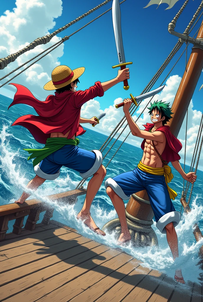 Luffy fighting Zorro at sea