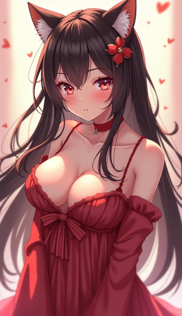 1 , 独奏, high qualiy, longye hair, breasts big, Cat's ears, blushful, simple background, cinta, cinta de cabelo, sheen, defocused, Ukiyo-e, アニメ, 