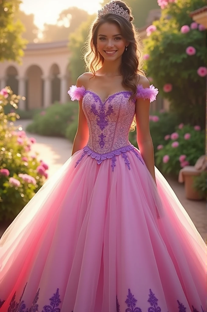 (a beautiful woman in a stunning gown of flowing silk with a radiant smile and captivating eyes),vibrant colors,highres,ultra-detailed,sharp focus,soft lighting,realistic,fantasy-inspired,portraits,subtle color palette,ethereal glow,fairytale,graceful,pastel shades,enchanted garden,lovely flowers,twinkling lights,whimsical ambiance