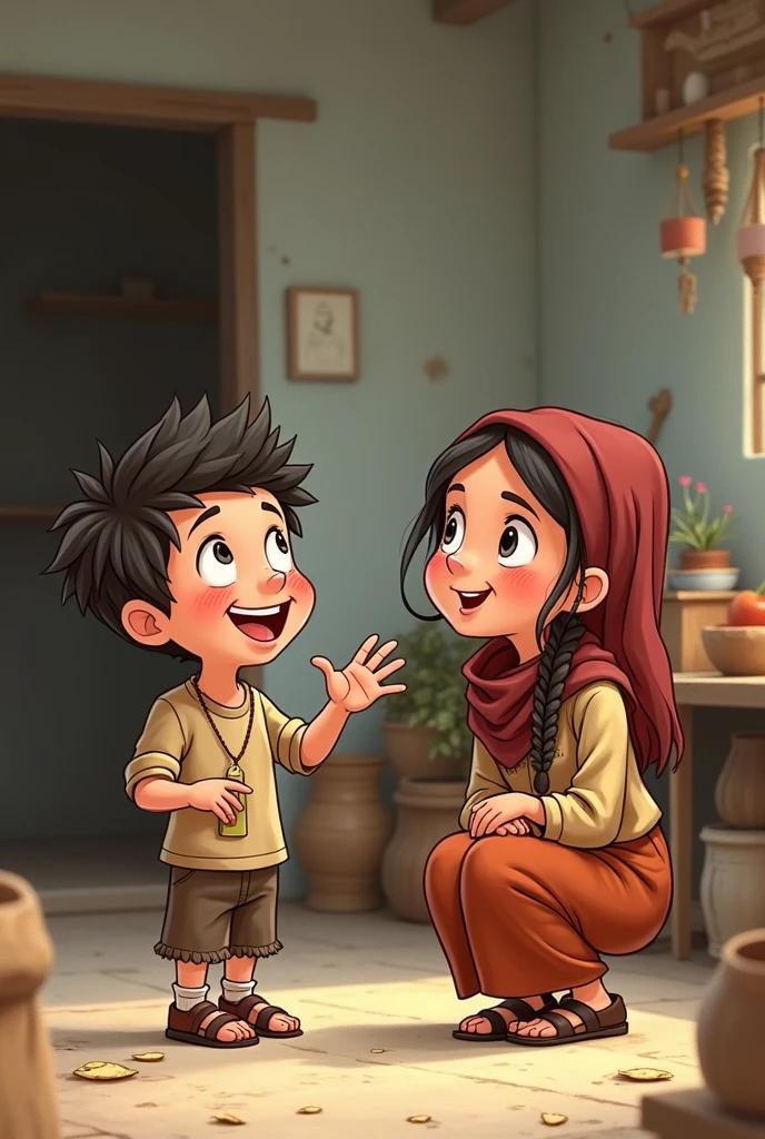 Cartoon of a poor boy talking excitedly to his mother