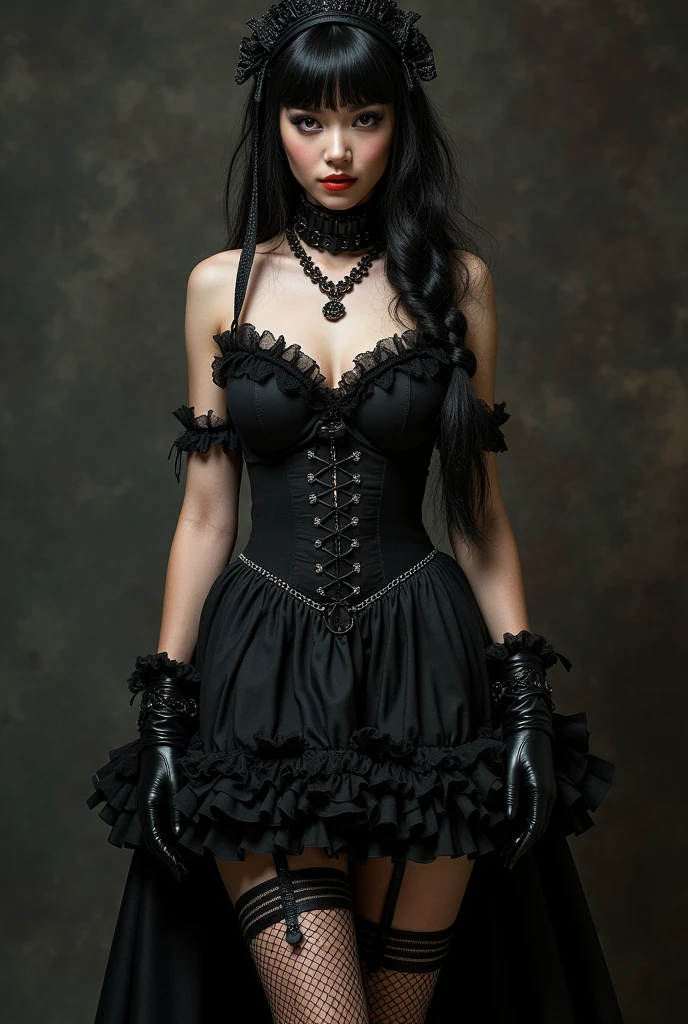 the maid dress and a fluffy messy plait skirt and like a garter belt and fishnets and stockings and leather gloves and be cuffed at the legs waist and arms and neck