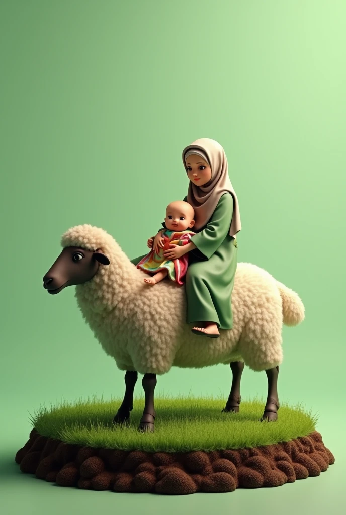 (photorealism:1.2), parents and baby in Muslim clothing riding a sheep. backgourd transparan. green nuance. Sheep standing on a grass circle with soil visible at the edges