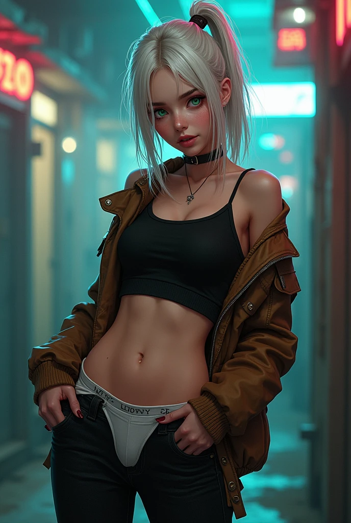 cyberpunk, night, dark, neon lights. city, dystopian future, sci-fi, (8k), (best quality), (masterpiece:1.2), (realistic), (photorealistic:1.0), ultra-detailed, 1girl, naked, layed down, on the grund, totally naked, nordic, pale skin, sitting, open legs, fingers in pussy, fingering, naked,  topless, small tits, 18 yo, teen, ripped sexy tanktop, open laether jacket, garters, bottomless, naked bottom, legs, full body, cute, freckles, beautiful detailed eyes, beautiful detailed nose, garters, realistic skin texture, inked skin, tattoos, attractive face, short hair, white hair