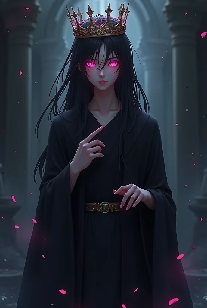 Young man in tunic, priest, long black hair and pink eyes with a crown on her head