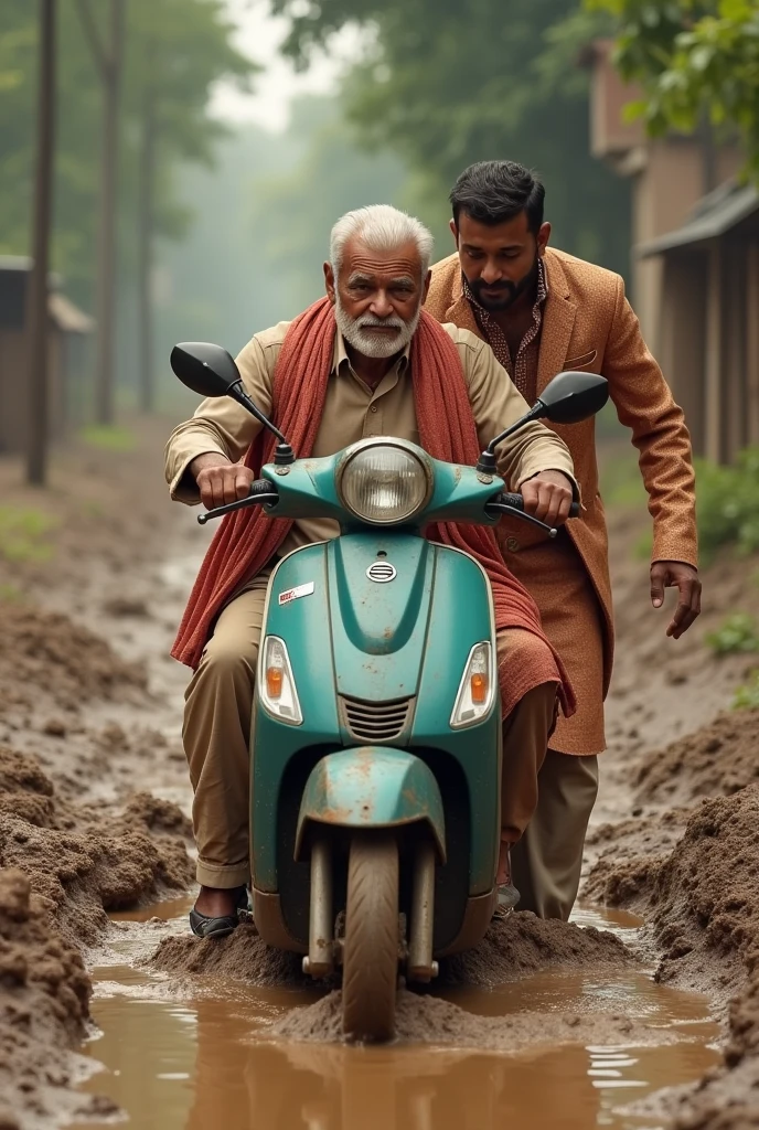 Ek uncle hai jinka scooter kichad mein fas Gaya hai unki madad help ek ladka Karta hai jiski shaadi hai usne apni shaadi ki sherwani pahani hai aur vah piche se dhakka de raha hai back image